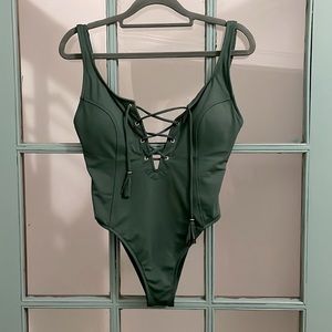 BAKU Swim 1 piece swimsuit, olive green lace up tassel, aus size 10= US size 6/7